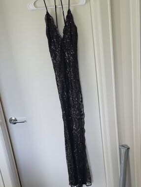 Black Sequin Evening Gown - Sleeveless Spaghetti Strap